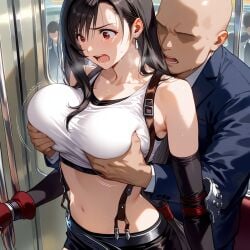 1female 1male ai_generated bald_male big_breasts brunette_female brunette_hair exposed_belly exposed_stomach final_fantasy final_fantasy_vii fondling fondling_breasts groping groping_breasts long_black_gloves molestation molested molesting nice_tits no_consent nonconsenting_female public_humiliation public_indecency public_train public_transportation red_eyes revealing_outfit sexual_assault sexual_harassment sexy_clothing sexy_outfit shocked shocked_expression tifa_lockhart train_interior