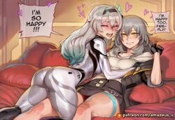 2girls ai_generated amadeus_v ass black_gloves blush bodily_fluids bodysuit breasts closed_eyes clothing dialogue duo english_text female female/female firefly_(honkai:_star_rail) futa_on_female futanari futanari_on_female gloves grey_hair hair hairband heart honkai:_star_rail jacket long_hair multiple_girls open_mouth panties patreon_logo patreon_username skirt smile speech_bubble stelle_(honkai:_star_rail) tagme tears text yellow_eyes yuri