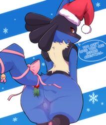 1boy 2018 anthro arched_back ass back bell big_ass black_fur blue_background blue_fur blush bow canine celescario christmas colored colorless english_text fur furry half-closed_eyes hat holidays looking_at_viewer looking_back lucario male male_only mammal mistletoe nintendo nude plant pokemon pokemon_(species) pokemon_dppt presenting presenting_hindquarters rear_view red_eyes ribbons santa_hat solo speech_bubble tail testicles text thick_thighs thin_waist video_games white_background wide_hips yellow_fur