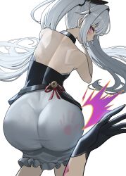 2girls absurdres ass ass_focus back bare_back bare_shoulders commentary dress dual_persona facial_mark from_behind gloves heart heart_facial_mark highres honkai:_star_rail honkai_(series) huge_ass long_hair looking_at_viewer looking_back multiple_girls oro_(lsg0624) smile spanking sparkle_(honkai:_star_rail) sparxie_(honkai:_star_rail) taut_clothes taut_dress twintails white_hair yuri