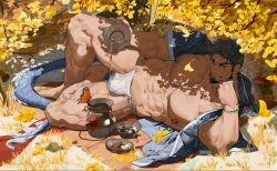 1boy abs alcohol alcohol_bottle autumn autumn_leaves bara bare_breasts barefoot beard beefy biceps big_areola big_bulge black_hair blue_tail booze bracelet breasts bulge bulge_through_clothing butterfly collarbone daddy dilf dragon_horns dragon_humanoid dragon_tail eastern_dragon eyebrow_scar full_body fundoshi gay genital_outline ginkgo_leaf grass grin hanfu hi_res horn hunk inviting inviting_to_sex leaning_on_hand legs_apart looking_at_viewer lying lying_on_ground lying_on_side male male_breasts male_only manly mature_male moobs morning muscles muscular muscular_arms muscular_legs muscular_male muscular_thighs navel open_clothes original original_character pecs pouring quadriceps rokushaku_fundoshi sake sake_bottle sake_dish scales scar scar_on_face seductive shadow short_hair sideburns six_pack smirk solo suggestive tekkowang thick thick_eyebrows thick_legs thick_thighs tough_guy tree_shade white_fundoshi yaoi yellow_eyes