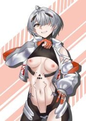 1girls bare_midriff breasts female fingerless_gloves flashing flashing_breasts gloves grin highres medium_breasts mostly_clothed punishing:_gray_raven robot_girl short_hair solo standing tight_clothing tomboy white_hair yata_(punishing:_gray_raven) yellow_eyes