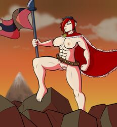 1girls abs ash_(paladins) banner barefoot belt big_breasts breasts cape female female_only fist flag leg_up mountain muscular muscular_female nude nude_female paladins pussy_hair red_cape rock rocks solo solo_female two_tone_hair yellow_eyes