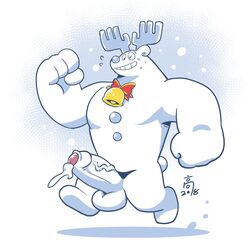 2018 anthro antlers bell big_penis button_(disambiguation) cervine christmas holidays horn jingle_bell male male_only mammal muscular muscular_male penis precum reindeer ribbons running smile snow solo sweat takataka teeth vein veiny_penis white_skin