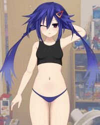 1girls arm_behind_head blue_hair breasts highres kurome_ankokuboshi legs looking_at_viewer low_twintails megadimension_neptunia_vii midriff navel neptunia_(series) one_eye_closed open_mouth panties purple_eyes s.g.sho small_breasts tank_top thighs twintails underwear waking_up