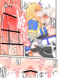 2girls ahoge anus bismarck_(zhan_jian_shao_nyu) blonde_hair blush censored cervix comic cowgirl_position cross_section deep_penetration futa_on_female futanari glasses gloves hair_ornament highres hood_(zhan_jian_shao_nyu) intersex long_hair multiple_girls nb_(pixiv594732) penis red-framed_eyewear red_eyes sex straddling translation_request uterus vaginal_penetration x-ray zhan_jian_shao_nyu