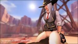 3d animated ashe_(overwatch) cowboy_hat cowgirl_position dark-skinned_male dark_skin erection female iidssm_sfm interracial loop male no_sound overwatch penis pussy red_eyes sex straight video white_hair