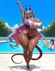 3girls ai_generated armpits arms_up ass big_ass big_breasts bikini breasts fate/grand_order fate/samurai_remnant fate_(series) huge_ass huge_breasts ibuki_douji_(fate) minamoto_no_raikou_(fate) minamoto_no_raikou_(fate/grand_order) mnemosynekoto mordred_(fate) pool stretching thick_thighs thighs