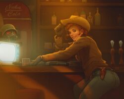 ass barstool clothed cowboy_hat fallout fallout_(series) fallout_new_vegas ncr_ranger_(fallout) rose_of_sharon_cassidy