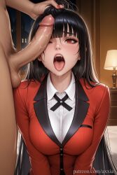 1boy 1boy1girl 1girls ai_generated axxia balls big_breasts black_hair breasts busty chest clothed_female_nude_male cock collared_shirt dick erection hi_res jabami_yumeko jacket kakegurui large_breasts long_hair male/female male_pubic_hair nude open_mouth patreon penis penis_on_face pubic_hair red_eyes saliva school_uniform shirt straight testicles tongue tongue_out uncensored very_long_hair voluptuous voluptuous_female