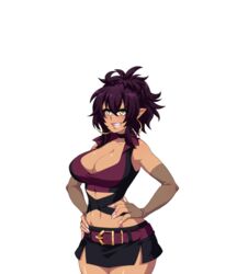 belt big_breasts black_skirt cleavage collar crescentia dark_alley_elf dark_elf elf francesca_(dark_alley_elf) golden_earrings hands_on_hips open_eyes pink_lips pink_lipstick pink_nails pointy_ears purple_hair purple_shirt smile standing yellow_eyes