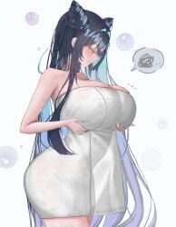 1girl 1girls alternate_breast_size_(larger) aqua_hair armpit_crease bare_arms bare_shoulders black_hair blue_hair blush body_lines breast_conscious breast_lift breasts bubble cleavage closed_mouth colored_inner_hair cone_hair_bun cowboy_shot double_bun female female_only from_side goddess_of_victory:_nikke gradient_hair grey_background hair_bun hands_up huge_breasts kiki_(akasaka0818) little_mermaid_(nikke) long_hair looking_at_breasts looking_at_own_breasts looking_at_self looking_down multicolored_hair naked_towel notice_lines profile purple_hair see-through see-through_silhouette sidelocks signature simple_background siren_(nikke) solo speech_bubble spoken_squiggle squiggle standing thick_thighs towel twitter_username very_long_hair wet wide_hips yellow_eyes