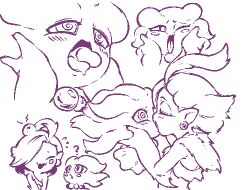 @_@ bead_necklace beads belladonna_(soff_doll) bump cheek_squish earrings elbow_tuft french_kiss hair_over_one_eye hand_on_cheek kissing misdreavus neck_tuft original_character pointy_ears pokemon saagi_(soff_doll) scolding shoulder_tuft soff_doll squish squishy swirly_eyes tagme yuri
