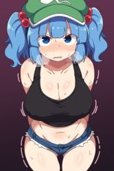 absurdres alternate_costume arms_behind_back black_shirt blue_eyes blue_hair blue_shorts blush breasts cleavage collarbone commentary_request crop_top denim female gradient_background green_hat groin hair_bobbles hair_ornament hat highres jeans kawashiro_nitori korra_down large_breasts looking_at_viewer midriff navel open_mouth paid_reward_available pants red_background shirt short_shorts shorts sleeveless sleeveless_shirt solo sweat touhou two_side_up
