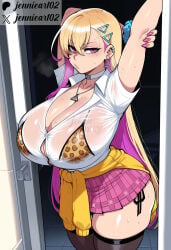 1girl ai_generated animal_print arms_up bikini bikini_under_clothes black_thighhighs blonde_hair blush bra_visible_through_clothes breasts bursting_breasts button_gap cardigan cardigan_around_waist choker cleavage clothes_around_waist clothing collared_shirt colored_inner_hair crossed_bangs curvy doorway ear_piercing earrings female gyaru hair_between_eyes hair_ornament hairclip huge_breasts jennieart02 jewelry kogal large_breasts legwear leopard_print long_hair looking_at_viewer makeup microskirt miniskirt mole_on_breast multicolored_hair nail_polish necklace patreon patreon_logo patreon_username piercing pink_eyes pink_hair pink_nails pink_skirt plaid plaid_skirt pleated_skirt print_bikini purple_eyes purple_hair school_uniform scrunchie see-through see-through_shirt shirt short_sleeves side-tie_bikini_bottom side-tie_peek skindentation skirt solo standing stretching sweat sweater sweater_around_waist swimsuit thick_thighs thighhighs thighs triangle_hair_ornament twitter twitter_username two-tone_hair underwear very_long_hair watermark web_address wet wet_clothes wet_shirt white_shirt wrist_scrunchie