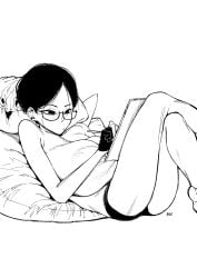 1girls artist_glove artist_signature beanbag black_and_white black_eyes black_hair black_panties closed_mouth cropped_legs drawing_(action) drawing_tablet f.w.zholic glasses gloves half-rim_glasses huge_breasts large_breasts legs_crossed looking_at_object mole_under_eye monochrome monochrome_background nipples original original_character panties plushie short_hair shortstack solo solo_female solo_focus topless topless_female white_background