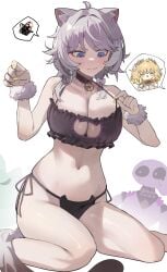 1girls aglaea_(honkai:_star_rail) ahoge anger_symbol angry animal_ear_fluff animal_ears annoyed barely_contained bell bell_collar belly belly_button big_breasts bikini bikini_pull black_bra blue_eyes blush blush_lines blushing_female bra bra_pull breasts breasts_too_big bursting_breasts cat_bell cat_bikini cat_bra cat_collar cat_cutout cat_ear_panties cat_ears cat_girl cat_keyhole_bra cat_lingerie cat_tail catgirl cipher_(honkai:_star_rail) cleavage cleavage_cutout clothing_cutout clothing_pull collar collar_bell curryman_(curryman06) dressing_up ear_fluff embarrassed embarrassed_female exposed_midriff female female_only fit fit_female gold_fingernails gold_nails gray_hair grey_hair hair_ribbon half_naked highres honkai:_star_rail honkai_(series) hourglass_figure huge_breasts inconvenient_breasts large_breasts light-skinned_female light_skin lingerie lingerie_only looking_at_own_breasts looking_down looking_down_at_breasts looking_down_at_self midriff multicolored_hair navel neck_bell neckwear panties pulling_bra pulling_clothing pulling_own_clothes raised_eyebrow scrunchie short_hair_with_long_locks side-tie_panties silver_hair simple_background sitting solo solo_female spirithief_bartholos spoken_anger_vein spoken_squiggle squiggle stomach streaked_hair struggling_to_fit swimsuit tail thighs thought_bubble top_pull trying_on_clothes undersized_clothes undersized_clothing underwear wariza white_background white_hair white_ribbon white_streak white_streaks wrist_scrunchie yellow_fingernails yellow_nails