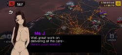 apex_racer big_breasts brown_hair dialogue dialogue_box long_hair ms_j_(apex_racer) pixel_art pixelated purple_eyes teasing