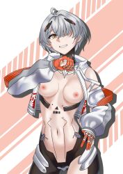 1girls bare_midriff breasts female fingerless_gloves flashing flashing_breasts gloves grin highres medium_breasts mostly_clothed punishing:_gray_raven robot_girl short_hair solo standing tight_clothing tomboy white_hair yata_(punishing:_gray_raven) yellow_eyes