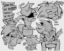 animal_genitalia animal_penis anthro black_and_white blush bodily_fluids business_suit canine_genitalia canine_penis chair clothing controller cross-popping_vein cum cum_in_mouth cum_inside dirty_talk duo eulipotyphlan footwear furniture game_controller gay gay_male genital_fluids genitals hedgehog hi_res knot male male/male mammal monochrome office_chair on_phone one_eye_closed open_mouth open_smile penis phone_call rubbing sega shaddycatz shadow_the_hedgehog smile socks sonadow sonic_the_hedgehog sonic_the_hedgehog_(series) spread_legs spreading suit sweat tail tears yaoi