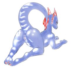 2018 anus blue_scales blue_skin claws color_edit colored dragon edit feet female harpseal horn kneeling kobold long_horns looking_at_viewer looking_back nails pussy red_horn scales scalie simple_background snout solo spikes spread_legs spreading w4g4 white_background