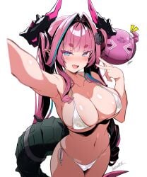 aqua_hair arknights arknights:_endfield armpits batta_16-sei bikini black_horns blue_eyes border breasts commentary_request dragon_girl dragon_horns dragon_tail drone female highres horns large_breasts long_hair looking_at_viewer multicolored_hair multicolored_horns navel open_mouth pink_background pink_hair pink_horns pinstripe_bikini pointy_ears solo stomach swimsuit tail thighs two-tone_hair two-tone_horns v very_long_hair white_bikini white_border yvonne_(arknights:_endfield)