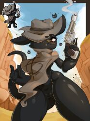 2026 4_fingers absurd_res anthro azura_inalis black_body black_fur blush breasts brown_cloak brown_clothing brown_eyes cloak clothing domestic_cat eye_scar facial_scar fangs felid feline felis female fingers fur genitals gun handgun hat headgear headwear hi_res holding_gun holding_handgun holding_object holding_ranged_weapon holding_revolver holding_weapon mammal mewgenics mtf_crossgender ranged_weapon revolver rule_63 scar solo tail teeth vulva weapon yellow_nose zodiac_(mewgenics)