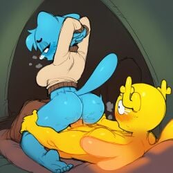 1boy 1boy1girl 1girls ai_generated anthro anthro_on_humanoid antlers arms_behind_head ass blue_body blue_fur blush breasts cartoon_network cold_shrike eyelashes felid feline feline_humanoid female female_on_top ftm_crossgender genderswap_(ftm) genderswap_(mtf) glowing gumball_watterson hands_behind_head hands_on_hips heavy_breathing humanoid humanoid_on_anthro inside_tent interspecies lying lying_on_back male male/female moaning mtf_crossgender novelai on_back on_top panting penetration penis penis_in_pussy penny_fitzgerald pussy reverse_cowgirl_position rule_63 self_upload sex shapeshifter simple_background sleeping_bag surprised surprised_expression tail tent the_amazing_world_of_gumball vagina vaginal_penetration vaginal_sex wings yellow_body