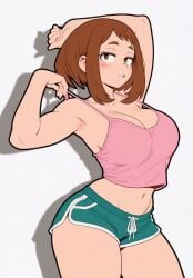 ai_generated areolae armpits big_ass big_breasts boku_no_hero_academia brown_hair crop_top dolphin_shorts female female_only looking_at_viewer my_hero_academia ochako_uraraka seductive_look shorts stretching thick_thighs thighhighs wide_hips