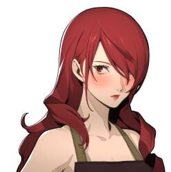 1girl 1girls accurate_art_style apron apron_only asian atlus bare_shoulders big_breasts blush breasts cleavage closed_mouth clothed clothed_female clothing curvy edit edited embarrassed eye_contact female female_only hair_over_one_eye hi_res human large_breasts light-skinned_female light_skin long_hair looking_at_viewer megami_tensei mitsuru_kirijo mitsuru_portrait_edit official_style open_eyes out_of_frame pale-skinned_female pale_skin partially_clothed persona persona_3 persona_3_reload red_eyes red_hair revealing_clothes sega shy skinny slim solo solo_female suprised_look surprised surprised_expression transparent_background