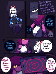 1boy 1girl 1girls 2d 2d_(artwork) 2d_artwork absurdres anthro anthro_male ass black_eyes blue_lipstick blush blushing bracelet breasts chair comic comic_page comic_panel comic_strip corset cosplay crossdressing deltarune deltarune_chapter_2 dialogue digital_drawing_(artwork) digital_media_(artwork) dress female femboy femdom feminization fur furry glasses goat goat_boy goat_horns hair_covering_one_eye hypnosis hypnotic_screen hypnotized_dom lips lipstick lipstick_mark lizard_girl makeup male male_anthro malesub mind_control monitor omegaluxifer opera_gloves outfit outfit_change outfit_swap princess princessification purple_hair purple_skin ralsei simple_background sitting skirt smile speech_bubble spiky_hair spiral susie_(deltarune) tech_control text thighhighs thighs torn_clothes trance twink white_hair white_skin yellow_sclera