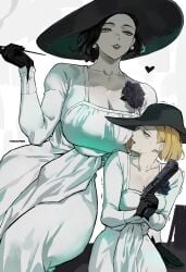 2girls alcina_dimitrescu alcina_dimitrescu_(cosplay) artist_name big_breasts black_hair blonde_hair breast_size_difference breasts breasts_bigger_than_head capcom cleavage clothed clothing cosplay dress duo earrings female female_only giantess gloves grace_ashcroft grace_ashcroft_(dimitrescu_costume) gun hat heart hourglass_figure huge_breasts large_breasts larger_female massive_breasts mature_female milf nervous ongjolpark petite resident_evil resident_evil_8:_village resident_evil_9:_requiem short_hair size_difference slim_waist small_breasts smaller_female sweat thick thick_thighs thighs thighs_bigger_than_head thunder_thighs voluptuous voluptuous_female watermark weapon white_background wide_hips yellow_eyes