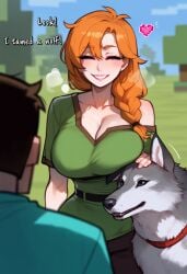 after_sex ai_generated alex_(minecraft) canine cheating english english_text gameplay_mechanics huge_breasts implied_sex large_breasts minecraft minecraft_mob netorare ntr off_shoulder orange_hair steve_(minecraft) text wolf yumerush