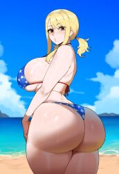 ai_generated american_flag_bikini back back_view beach beach_background blonde_female blonde_hair busty fairy_tail fat_ass flag flag_bikini flag_print huge_breasts large_breasts lucy_heartfilia