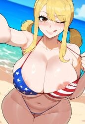 ai_generated american_flag_bikini areola areolae beach beach_background blonde_female blonde_hair busty fairy_tail fat_ass flag flag_bikini flag_print huge_breasts large_breasts lucy_heartfilia one_eye_closed selfie wink
