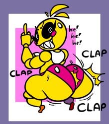 1girls animatronic animatronic_female ass_focus big_ass chicken chicken_girl clapping_cheeks female five_nights_at_freddy's five_nights_at_freddy's_2 fnaf middle_finger onomatopoeia phasianid robot robot_girl scottgames shortstack shortstack_female solo tmgthejust toy_chica_(fnaf) twerking yellow yellow_skin