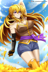 rwby hocen yang_xiao_long 1girls solo_female clothed_female long_hair long_hair_female purple_eyes robotic_arm shorts pose posing hand_behind_head