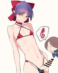 2boys ban bikini brown_hair cat_girl censored crossdressing erection fang_out femboy gegege_no_kitarou genderswap_(ftm) hair_ribbon highleg highleg_bikini highres humanoid hung_trap male male_focus male_only multiple_boys nekomusume penis pointed_ears purple_hair ribbon rule_63 short_hair solo_focus swimsuit testicles trap yellow_eyes youkai