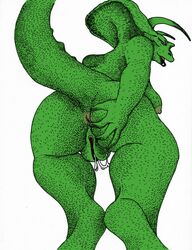 anthro anus ass breasts ceratopsian dinosaur female genital_piercing green_skin horn non-mammal_breasts nude pierced_pussy piercing pussy pussy_piercing raised_tail scalie simple_background solo triceratops