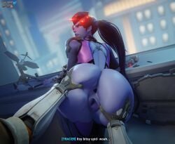 2girls 3d angry annoyed anus ass ass_grab bent_over english_text female female_only female_pov grabbing_ass groping hasfeldt looking_at_pussy looking_back overwatch pov pussy ripped_clothing spread_ass spread_pussy text tracer widowmaker yuri