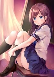1girls :o ass bad_id bad_twitter_id black_socks blue_eyes blue_sailor_collar blue_skirt blush brown_hair brown_shoes chalkboard classroom curtains day desk dutch_angle female highres hugging_own_legs indoors kneehighs knees_up light_particles loafers long_hair looking_at_viewer looking_to_the_side miniskirt original parted_lips pasdar pleated_skirt sailor_collar school_desk school_uniform serafuku shirt shoes short_sleeves sitting skirt socks solo thighs white_shirt