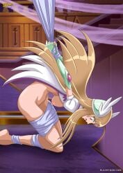 1girls aquila_yuna armor barefoot bbmbbf blonde_hair bondage breasts bronze_saints female female_only light-skinned_female light_skin nipples saint_seiya saint_seiya_omega slavetoon solo toei_animation