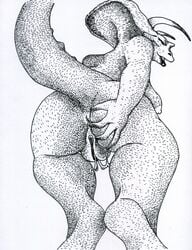 anthro anus ass breasts ceratopsian dinosaur female genital_piercing horn monochrome non-mammal_breasts nude pierced_pussy piercing pussy pussy_piercing raised_tail scalie simple_background solo triceratops