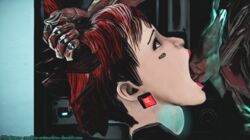 1boy 1girls bulge deepthroat eyelashes eyeshadow operator_(warframe) oral red_hair revenant_(warframe) tagme teenager tenno throat_bulge video_games warframe warframe_captura_adventures