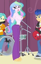 1girls 2boys areola brawly_beats breasts equestria_girls exposed_breasts flash_sentry forced_exposure friendship_is_magic gun hourglass_figure my_little_pony nipples no_bra princess_celestia_(mlp) principal_celestia public_exposure public_nudity topless