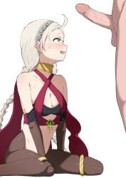 1boy absurdres ahoge alternate_costume bare_shoulders bodystocking braid breasts bridal_gauntlets bridal_legwear cleavage closed_eyes commission commissioner_upload cosplay criss-cross_halter dancer dorothea_arnault dorothea_arnault_(plegian) dorothea_arnault_(plegian)_(cosplay) fazekas female fire_emblem fire_emblem_fates fire_emblem_heroes gold_collar hairband halterneck harem_outfit highres jewelry kiran_(fire_emblem) long_hair looking_at_penis low_twin_braids low_twintails male male_kiran_(fire_emblem) medium_breasts nina_(fire_emblem) non-web_source open_mouth parted_bangs penis penis_awe straight thigh_ring thighlet twin_braids twintails white_hair