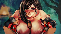 1boy 1girls areolae blush breasts brown_eyes brown_hair earrings faceless_male feiryu female female_focus final_fantasy final_fantasy_vii functionally_nude gloves happy happy_sex hitsuki huge_breasts large_breasts long_hair looking_at_viewer male nipples open_mouth paizuri pov smile solo_focus straight tifa_lockhart