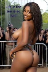 3d ai_generated areolae audience big_breasts black_hair cage casual casual_nudity crowd curly_hair curvy dark-skinned_female dark_skin degradation enclosure exhibition exhibitionism exhibitionist female forced_exposure human_pet jewelry large_breasts nude paparazzi pet petplay photo photographer photography pretending public public_nudity raceplay racism racist sex_slave sexy shameless slave smile standing tagme talking text tribal zoo