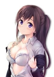 1girls bad_id bad_twitter_id black_hair black_jacket blazer blue_eyes blush bra breasts cleavage closed_mouth clothes_down collarbone collared_shirt frilled_bra frills from_side hands_up head_tilt highres jacket large_breasts long_hair long_sleeves looking_at_viewer looking_to_the_side one_side_up open_clothes open_jacket open_shirt original pasdar school_uniform shadow shirt sidelocks simple_background smile solo tareme underwear undressing upper_body white_background white_bra white_shirt