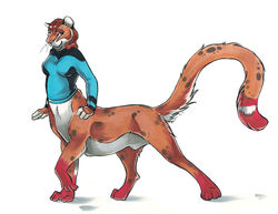 2011 animal_genitalia anthro brown_hair chakat chakona_space clothing dickgirl feline fully_sheathed furry hair hotfoot_(star_phoenix) intersex mammal pink_nose sheath simple_background solo taur uniform unknown_artist whiskers white_background